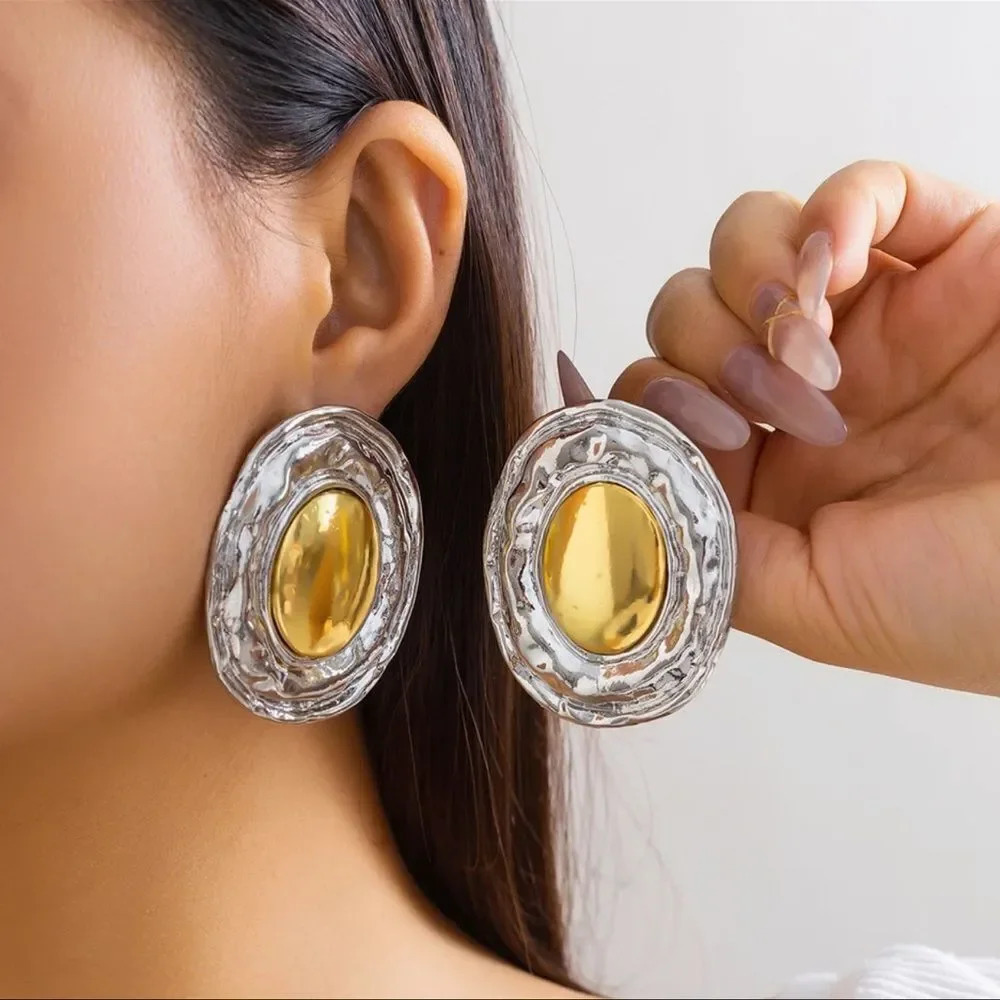 Silver Gold Button Oval Earrings - Picture 3 of 6